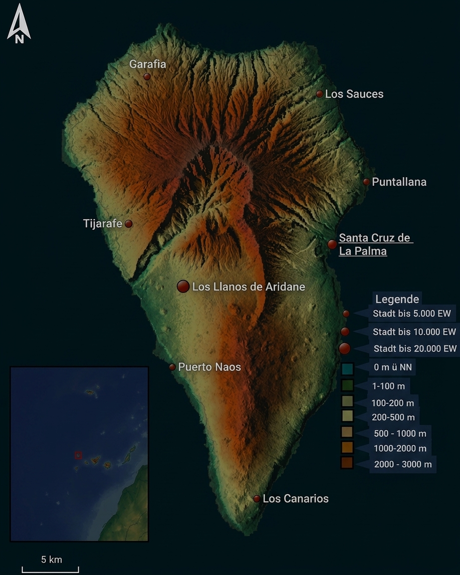 Topografische Karte von La Palma (Kanarische Inseln) mit Ortsnamen, Höhenfarbskala und Legende